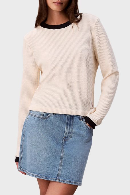 Calvin Klein Pamuklu Slim Fit Bisiklet Yaka LV047D225GYAM Bayan Kazak LV047D225G YAM EKRU - Calvin Klein