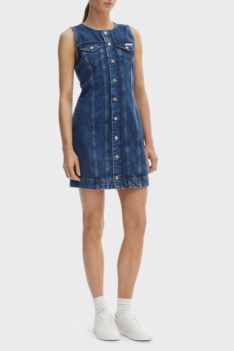 Calvin Klein Pamuklu Slim Fit Düğmeli Yuvarlak Yaka Kot LV047F761G0LX Kadın Elbise LV047F761G 0LX LACİVERT - Calvin Klein (1)