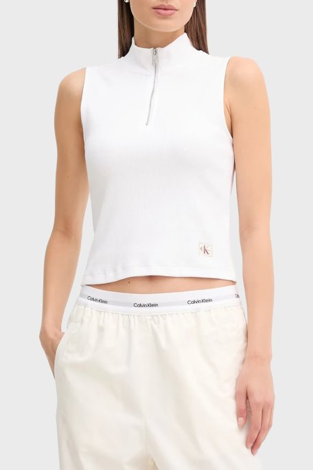 Calvin Klein Pamuklu Slim Fit Fermuarlı Dik Yaka Logolu LV047C909GYAA Bayan Top LV047C909G YAA BEYAZ - Calvin Klein