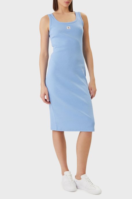 Calvin Klein Pamuklu Slim Fit Logolu Yuvarlak Yaka Midi LV047F257GC32 Bayan Elbise LV047F257G C32 MAVİ - Calvin Klein