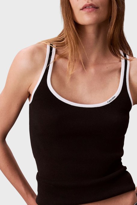Calvin Klein Pamuklu Slim Fit Yuvarlak Yaka Fitilli LV047D300GUB1 Bayan Top LV047D300G UB1 SİYAH - Calvin Klein