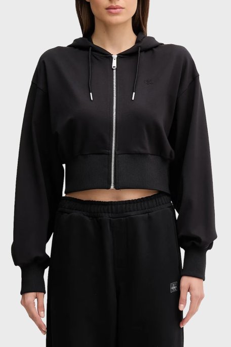 Calvin Klein Regular Fit Kapüşonlu Fermuarlı Logolu Crop LV047C247GUB1 Bayan Sweat LV047C247G UB1 SİYAH - Calvin Klein