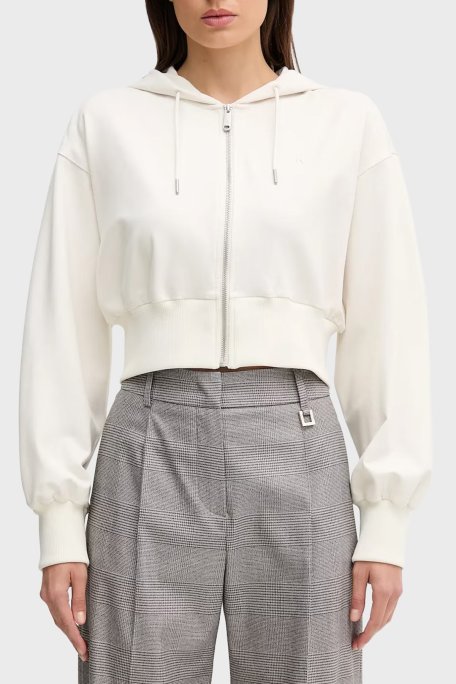 Calvin Klein Regular Fit Kapüşonlu Fermuarlı Logolu Crop LV047C247GYAS Bayan Sweat LV047C247G YAS BEYAZ - Calvin Klein