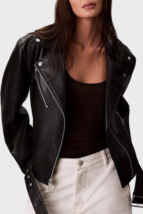 Calvin Klein Relaxed Fit Kemerli Apaş Yaka Biker Deri LV044C532GBAE Bayan Ceket LV044C532G BAE SİYAH - Calvin Klein