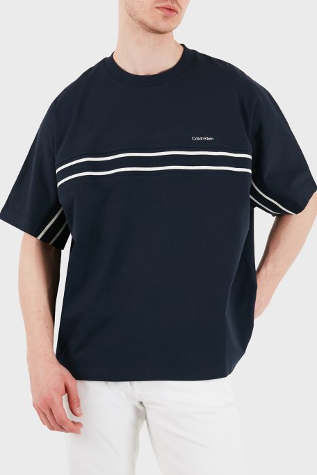 Calvin Klein Şerit Detaylı % 100 Pamuk Bisiklet Yaka LV04RE222GCEF Erkek T Shirt LV04RE222G CEF LACİVERT - Calvin Klein