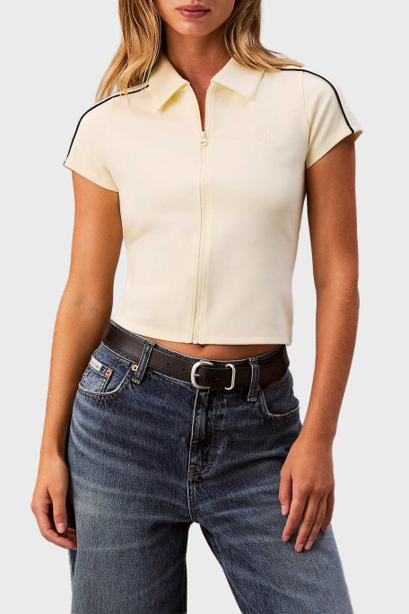 Calvin Klein Şerit Detaylı Slim Fit Fermuarlı Crop LV047E212G2EW Bayan Polo LV047E212G 2EW SARI - Calvin Klein