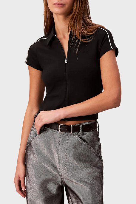 Calvin Klein Şerit Detaylı Slim Fit Fermuarlı Crop LV047E212GUB1 Kadın Polo LV047E212G UB1 SİYAH - Calvin Klein