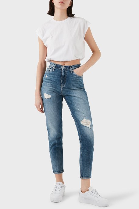 Calvin Klein Streç Pamuklu Mom Fit Yüksek Bel Boru Paça Jeans J20J2245131A4 Bayan Kot Pantolon J20J224513 1A4 MAVİ - Calvin Klein