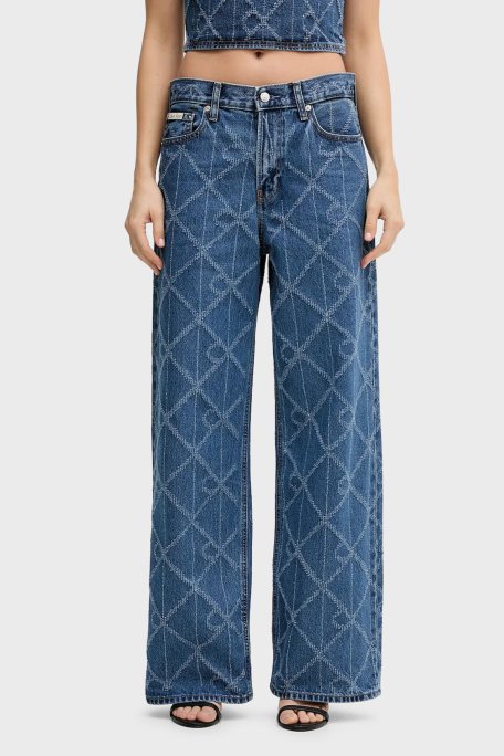 Calvin Klein Tamamı Logolu Pamuklu Loose Fit Geniş Paça Jeans LV047D709GYY2 Bayan Kot Pantolon LV047D709G YY2 MAVİ - Calvin Klein