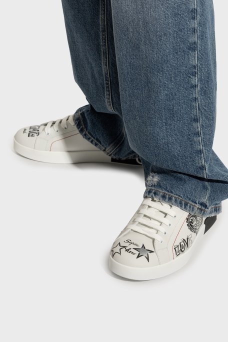 Dolce Gabbana Logolu Hakiki Deri Sneaker Erkek Ayakkabı CS1760 A9AG1 89697 BEYAZ-SİYAH - Dolce Gabbana (1)