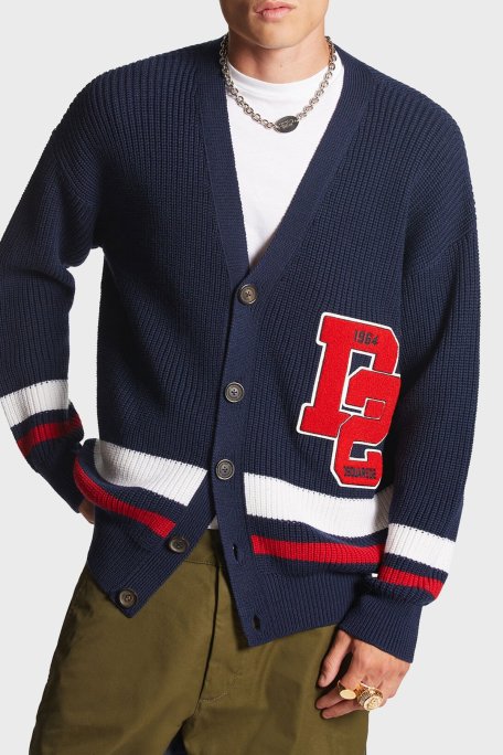 Dsquared2 Logolu % 100 Yün Oversize Fit V Yaka Örme Erkek Hırka S74HA1420 S18431 961 LACİVERT - Dsquared2