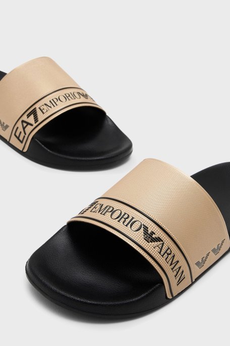 EA7 Logo Baskılı Şerit Detaylı Unisex Terlik 7X000110 AF15128 FC001 SİYAH-GOLD - Ea7 (1)