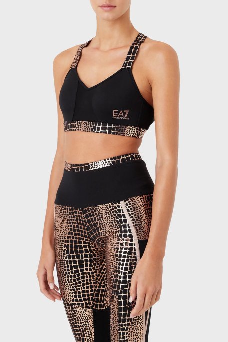 EA7 Logolu Çapraz Sırt Detaylı Streç Kumaştan Spor Bayan Sütyen 3RTH06 TJLZZ 2227 SİYAH-GOLD - EA7