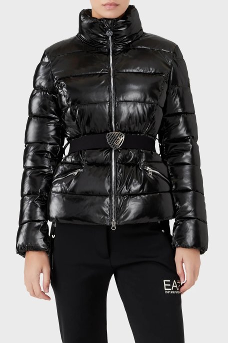 EA7 Logolu Regular Fit Kemerli Parlak Görünümlü Dik Yaka Kadın Mont 6LTB12 TNAUZ 1200 SİYAH - EA7