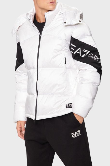 EA7 Logolu Su İtici Rüzgar Geçirmez Oversize Fit Çıkarılabilir Kapüşonlu Şişme Erkek Mont 6DPB33 PNEOZ 1100 BEYAZ - EA7