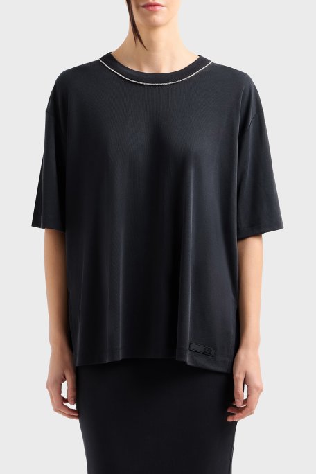 EA7 Oversize Fit Bisiklet Yaka Taş Detaylı Kadın T Shirt 7W000340 AF12956 UC001 SİYAH - EA7