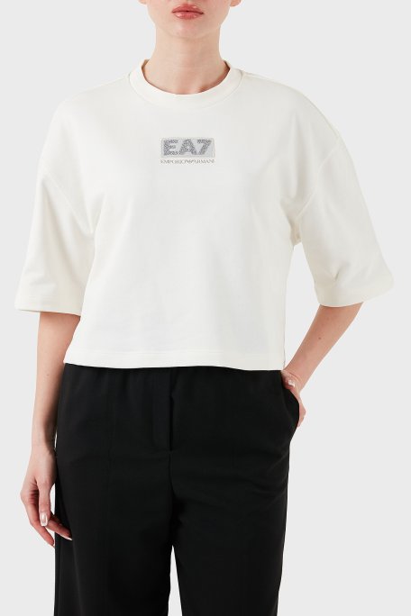 EA7 Pamuk Karışımlı Regular Fit Bisiklet Yaka Logolu Kadın T Shirt 7W000177 AF12473 U0005 EKRU - Ea7