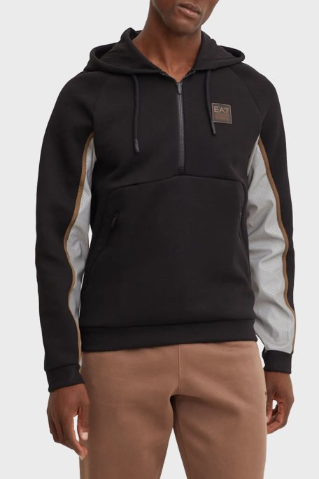 EA7 Pamuklu Regular Fit Renk Bloklu Yarım Fermuarlı Kapüşonlu Erkek Sweat 6DPM37 PJODZ 1200 SİYAH - EA7