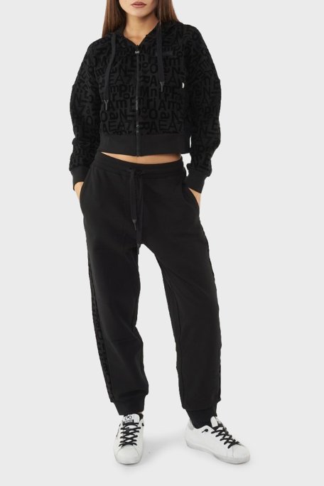 EA7 Streç Pamuklu Logo Baskılı Relaxed Fit Kapüşonlu Crop Kadın Sweat 7W000007 AF10195 UC001 SİYAH - EA7