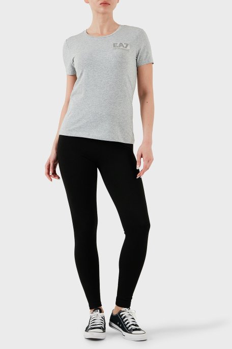 EA7 Taşlı Logolu Streç Pamuklu Regular Fit Yuvarlak Yaka Bayan T Shirt 7W000492 AF10373 O8002 AÇIK GRİ - Ea7 (1)
