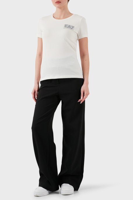 EA7 Taşlı Logolu Streç Pamuklu Regular Fit Yuvarlak Yaka Kadın T Shirt 7W000492 AF10373 U0005 EKRU - Ea7 (1)