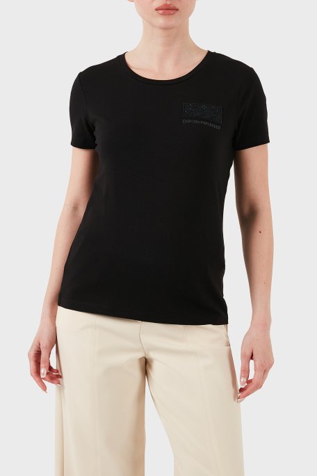 EA7 Taşlı Logolu Streç Pamuklu Regular Fit Yuvarlak Yaka Kadın T Shirt 7W000492 AF10373 UC001 SİYAH - Ea7