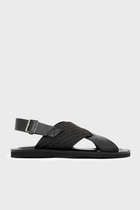 Emporio Armani % 100 Deri Jakarlı Çapraz Bantlı Erkek Sandalet EM004323 AF25617 MC012 SİYAH - Emporio Armani