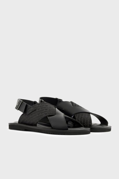 Emporio Armani % 100 Deri Jakarlı Çapraz Bantlı Erkek Sandalet EM004323 AF25617 MC012 SİYAH - Emporio Armani (1)