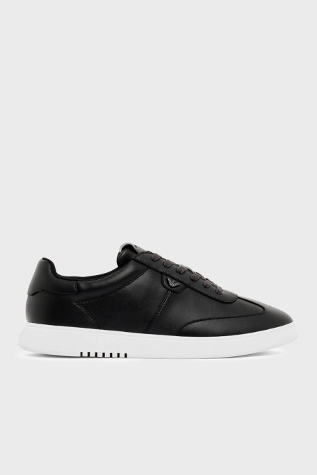 Emporio Armani % 100 Deri Logolu Sneaker Erkek Ayakkabı EM003062 AF20004 UC001 SİYAH - Emporio Armani
