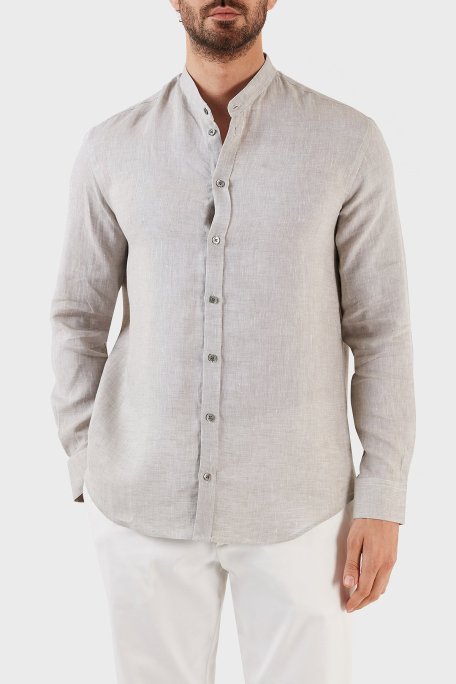 Emporio Armani % 100 Keten Regular Fit Bant Yaka Uzun Kollu Erkek Gömlek D41SMG D10F9 600 GRİ - Emporio Armani