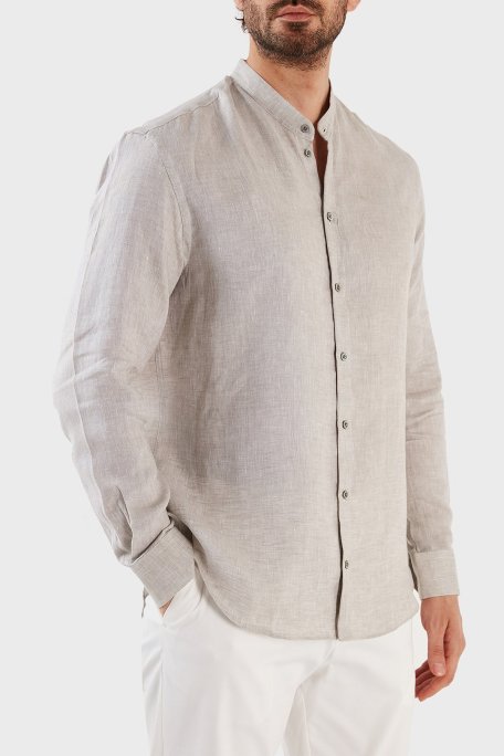 Emporio Armani % 100 Keten Regular Fit Bant Yaka Uzun Kollu Erkek Gömlek D41SMG D10F9 600 GRİ - Emporio Armani (1)
