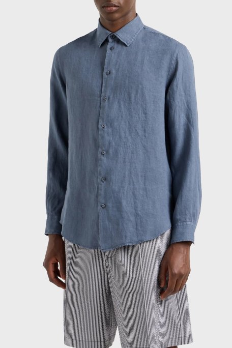 Emporio Armani % 100 Keten Regular Fit Erkek Gömlek E31SM0 010F1 920 LACİVERT - Emporio Armani