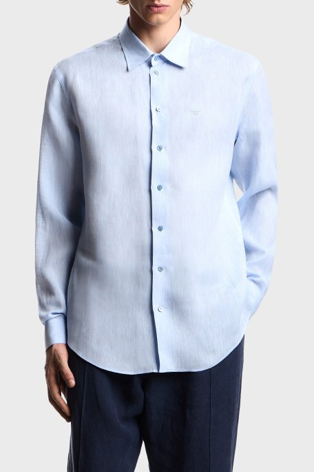 Emporio Armani % 100 Keten Regular Fit Klasik Yaka Uzun Kollu Erkek Gömlek EM000099 TE10157 O9002 MAVİ - Emporio Armani
