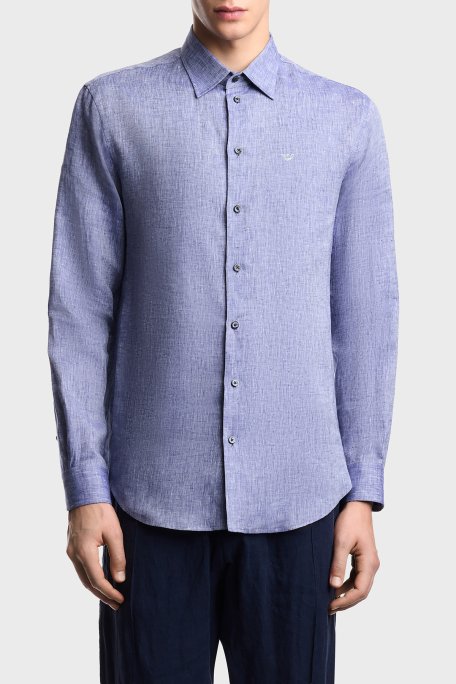 Emporio Armani % 100 Keten Regular Fit Klasik Yaka Uzun Kollu Erkek Gömlek EM000099 TE10157 OB003 MAVİ - Emporio Armani
