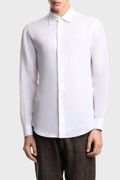 Emporio Armani % 100 Keten Regular Fit Klasik Yaka Uzun Kollu Erkek Gömlek EM000099 TE10157 U0002 MAVİ - Emporio Armani