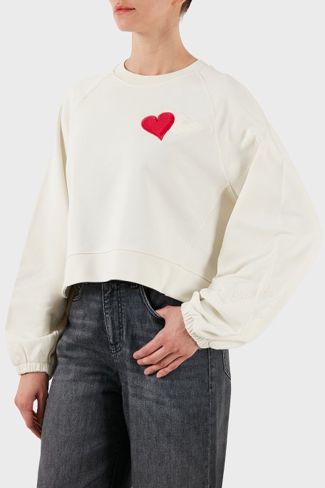 Emporio Armani % 100 Pamuk Comfort Fit Minimal Desenli Bayan Sweat EW002122 AF12538 U1144 EKRU - Emporio Armani