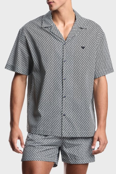 Emporio Armani % 100 Pamuk Desenli Relaxed Fit Kısa Kollu Erkek Gömlek EM000593 AF20439 F0026 BEYAZ SİYAH - Emporio Armani
