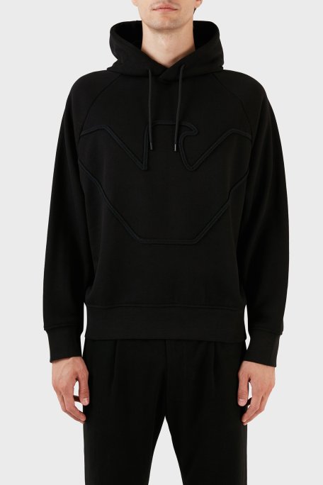 Emporio Armani % 100 Pamuk Kapüşonlu Logo Desenli Regular Fit Erkek Sweat 6R1ME4 1JWPZ 00B4 SİYAH - Emporio Armani