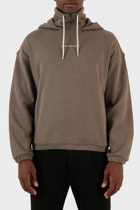 Emporio Armani % 100 Pamuk Kapüşonlu Yarım Fermuarlı Oversize Fit Erkek Sweat 6R1ME6 1JWPZ 0440 KAHVE - Emporio Armani