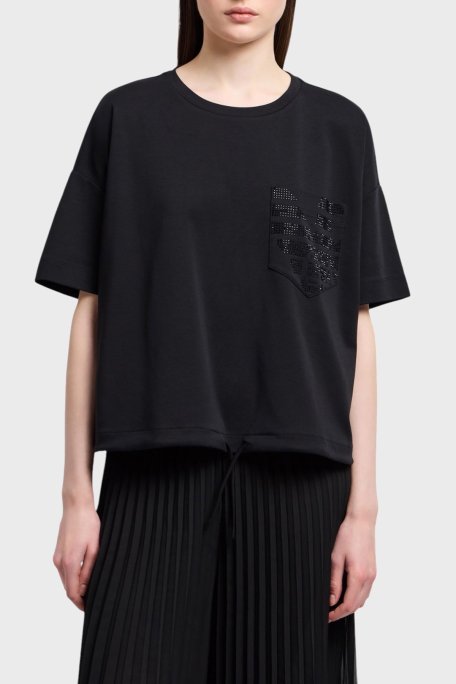 Emporio Armani % 100 Pamuk Oversize Fit Bisiklet Yaka Tek Cepli Bayan T Shirt EW000891 AF12545 UC001 SİYAH - Emporio Armani