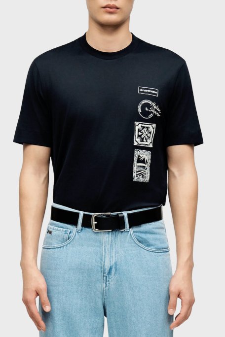 Emporio Armani % 100 Pamuk Regular Fit Bisiklet Yaka Baskılı Erkek T Shirt EM004994 AF24470 UB118 LACİVERT - Emporio Armani
