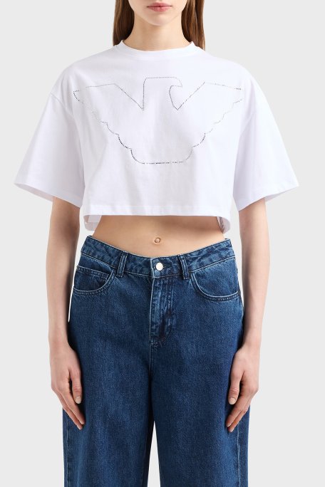Emporio Armani % 100 Pamuk Regular Fit Bisiklet Yaka Crop Kadın T Shirt EW000897 AF12573 U0002 BEYAZ - Emporio Armani