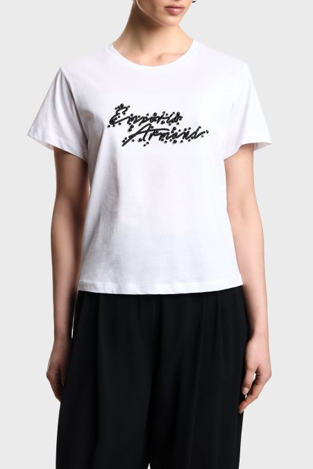 Emporio Armani % 100 Pamuk Regular Fit Bisiklet Yaka Logolu Kadın T Shirt EW003594 AF12597 U0002 BEYAZ - Emporio Armani