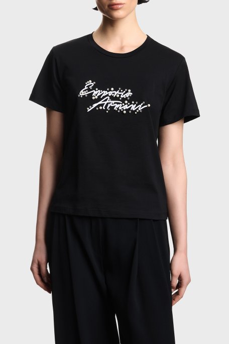 Emporio Armani % 100 Pamuk Regular Fit Bisiklet Yaka Logolu Bayan T Shirt EW003594 AF12597 UC001 SİYAH - Emporio Armani