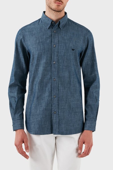 Emporio Armani % 100 Pamuk Regular Fit Uzun Kollu Logolu Erkek Gömlek EM001527 AF15346 U9378 MAVİ - Emporio Armani