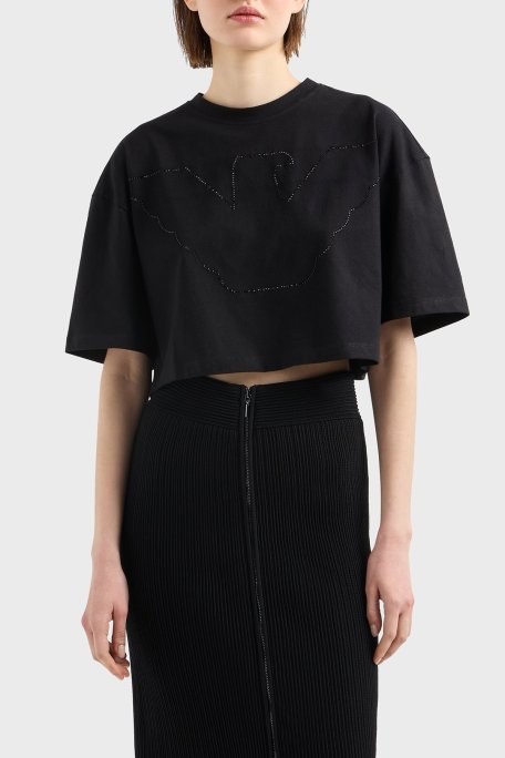 Emporio Armani % 100 Pamuk Taşlı Regular Fit Bisiklet Yaka Crop Bayan T Shirt EW000897 AF12573 UC001 SİYAH - Emporio Armani