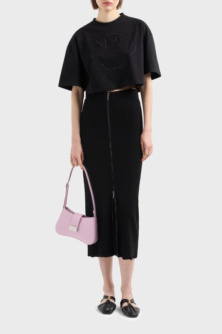 Emporio Armani % 100 Pamuk Taşlı Regular Fit Bisiklet Yaka Crop Bayan T Shirt EW000897 AF12573 UC001 SİYAH - Emporio Armani (1)