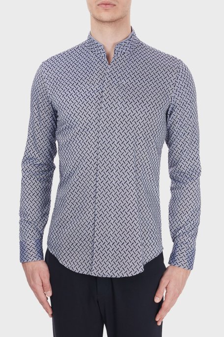 Emporio Armani % 100 Pamuklu Dik Yaka Uzun Kollu Erkek Gömlek 91SS1T 910F7 039 LACİVERT - Emporio Armani