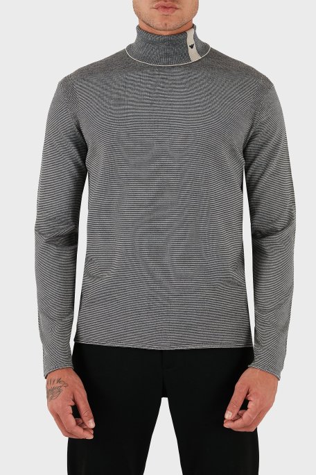 Emporio Armani % 100 Yün Regular Fit Balıkçı Yaka Çizgili Erkek Kazak EM002025 AF14195 FB067 LACİVERT-BEYAZ - Emporio Armani