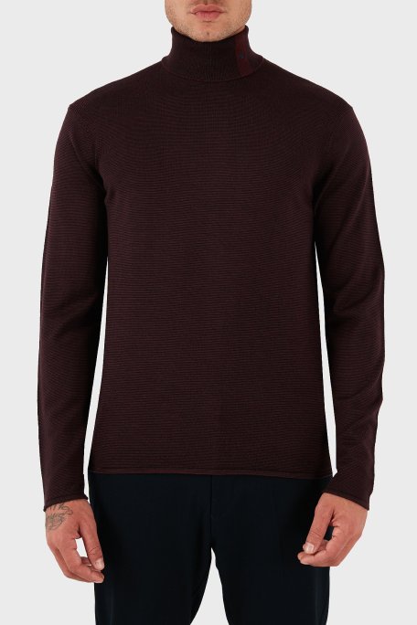 Emporio Armani % 100 Yün Regular Fit Balıkçı Yaka Logolu Erkek Kazak EM002025 AF14195 F5009 BORDO - Emporio Armani